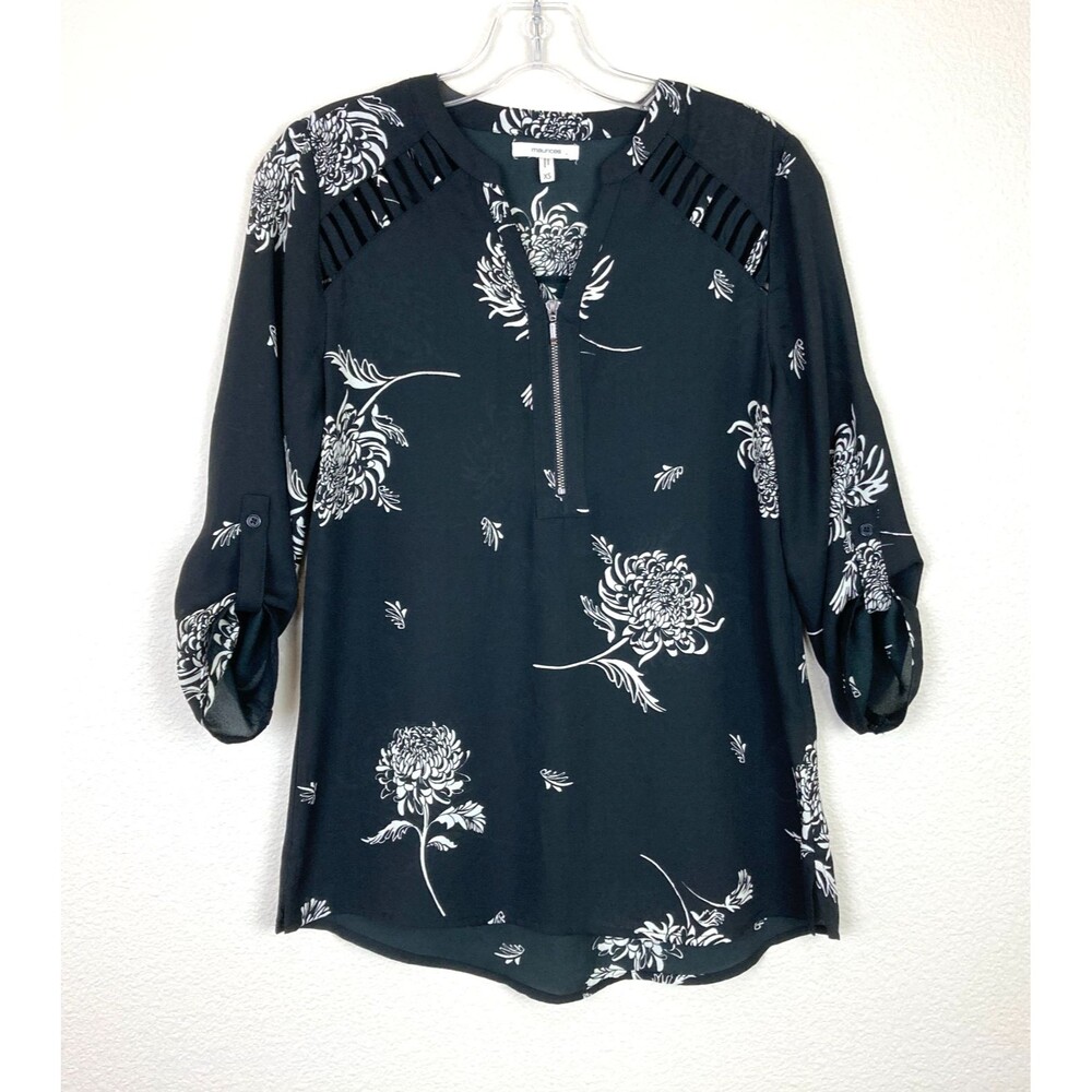 Maurices Women's Tunic Top Size XS Black Foral V-Neck 1/2 Zip Roll Tab Sleeves